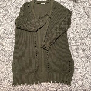 Olive Green Women's Distressed Knitted Cardigan